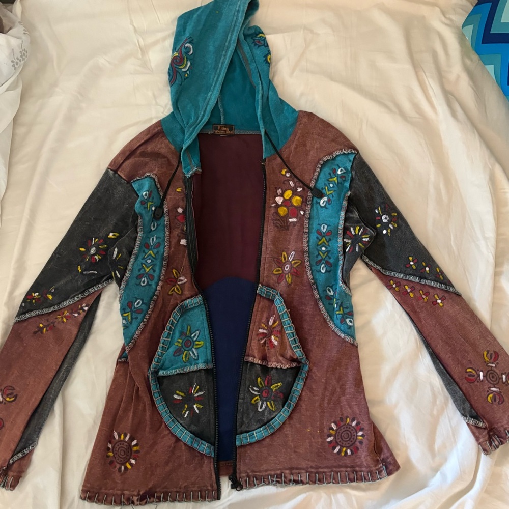 Blue and Brown Handpainted Bohemian Jacket